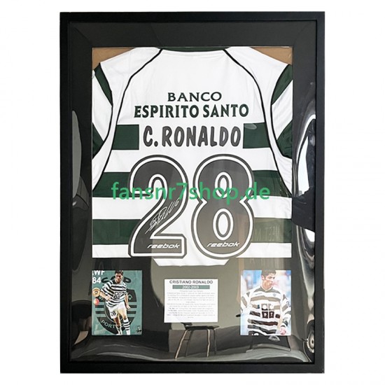 Cristiano Ronaldo Nr. 28 Sporting CP Retro Heimtrikot 2001 – signiert, Premium-Rahmen