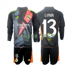 Real Madrid fußball trikot Andriy Lunin 13 Torhüter Kinder Auswärts Schwarz 2024-2025 Langarm