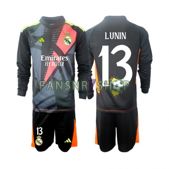 Real Madrid fußball trikot Andriy Lunin 13 Torhüter Kinder Auswärts Schwarz 2024-2025 Langarm
